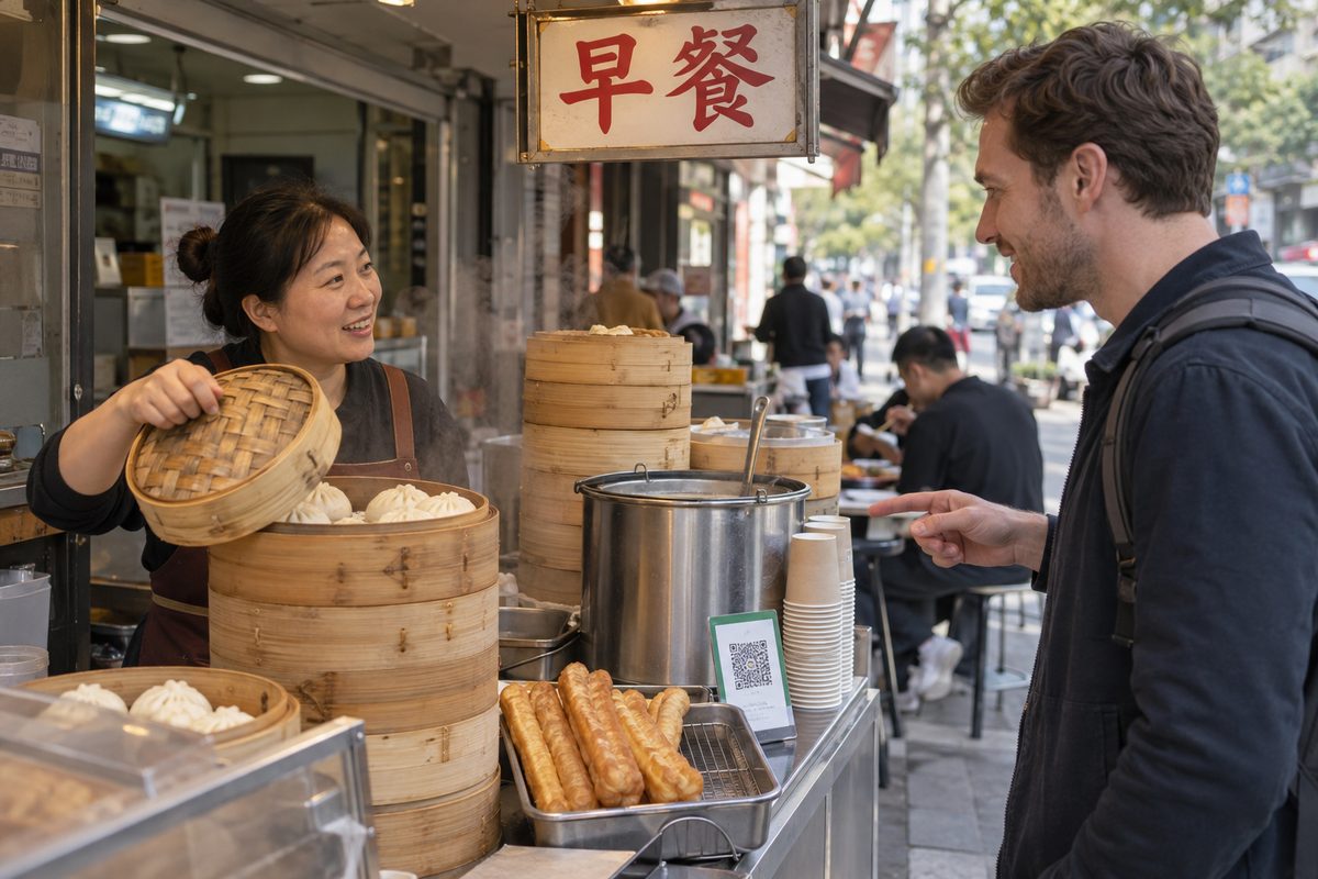 At a morning breakfast stall with a 早餐 (breakfast) sign, a vendor lifts the lid of a bamboo steamer of steamed buns; a pot of soy milk with paper cups and a tray of fried dough sticks are on the counter.