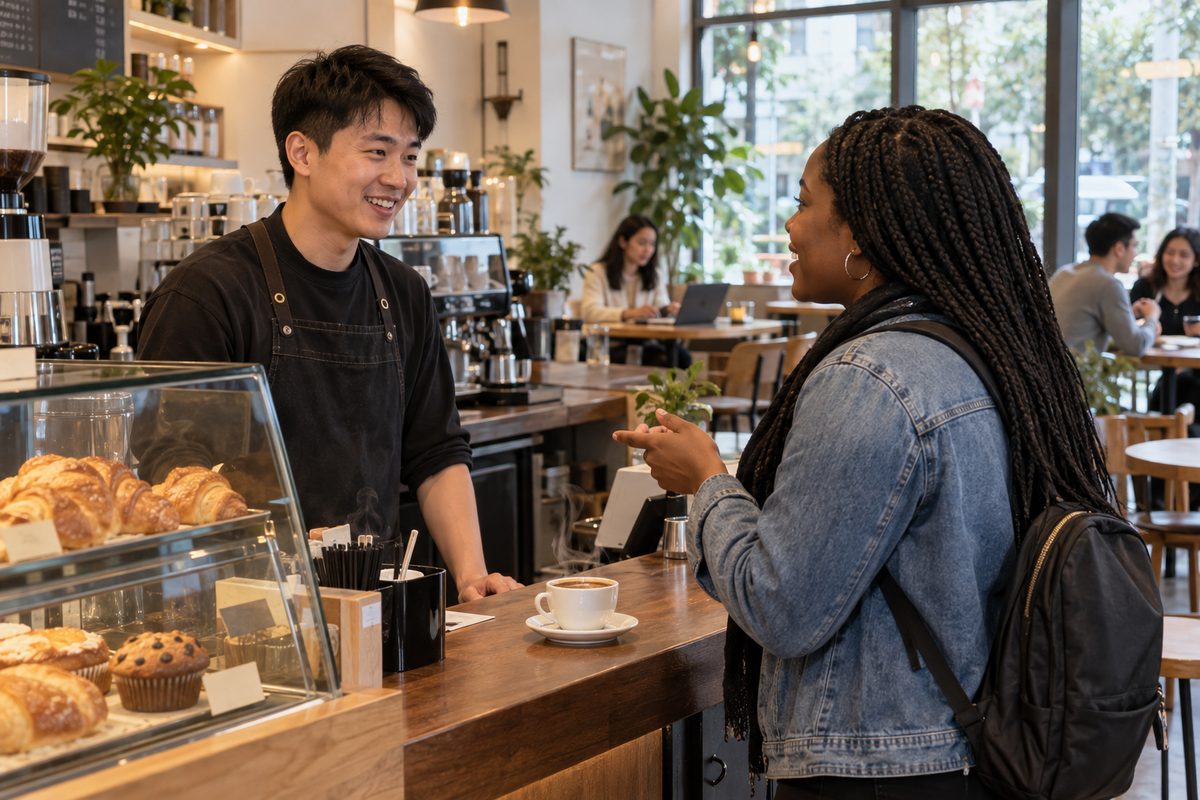 A neighborhood cafe counter in Shanghai with a barista, a white cup of hot coffee, a display of croissants and muffins, and tables behind.