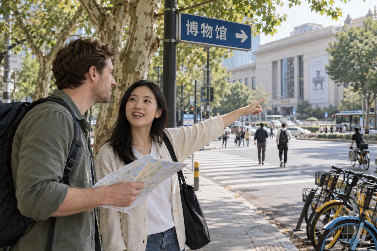 A visitor holds a map at a leafy city intersection while a local points toward a crosswalk and a large museum building; a street sign with an arrow reads 博物馆 (museum).