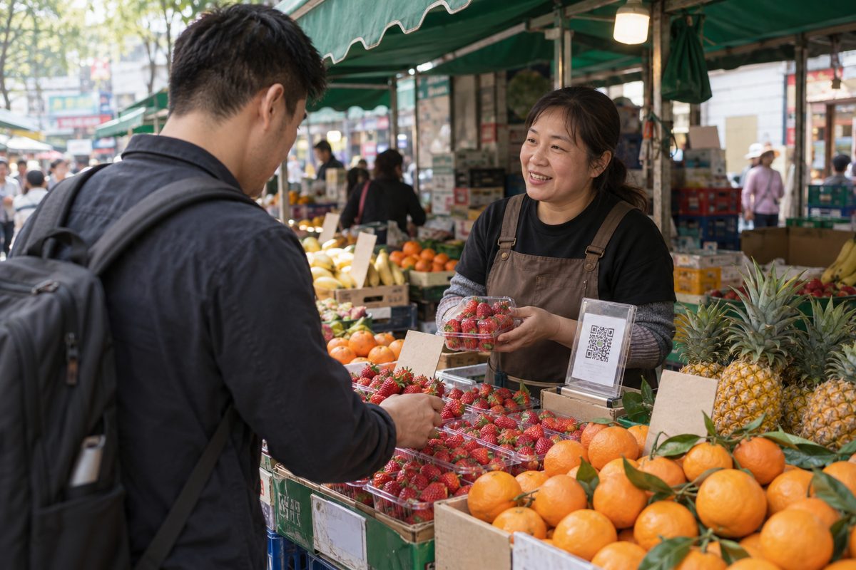 A fruit stall under a green awning at a Shanghai market has strawberries, oranges and pineapples and a payment QR code stand; a shopper is choosing strawberries.